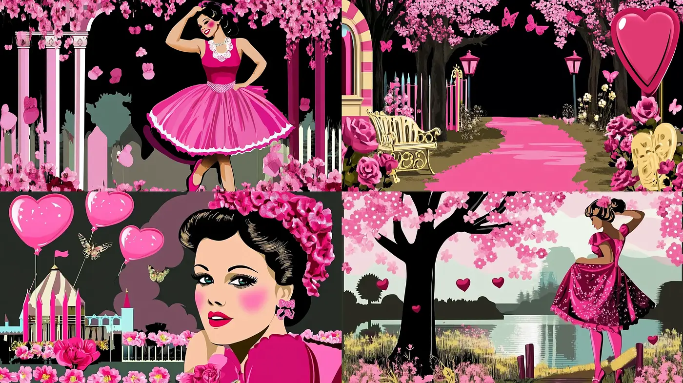 Retro Romantic Whimsy: A Vibrant Pink Ode to Vintage Charm and Love - Midjourney sref style