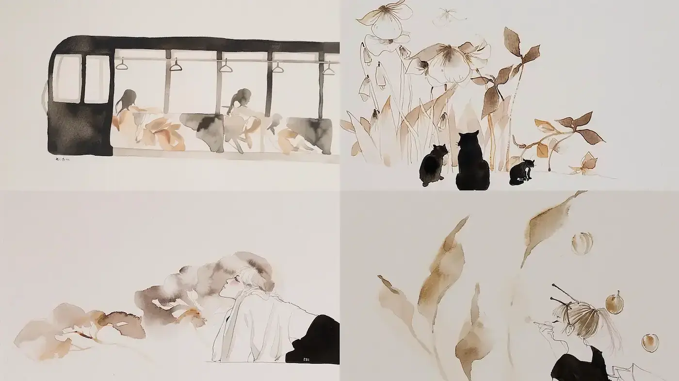 Ethereal Watercolor Illustrations with Organic Themes - Midjourney sref style