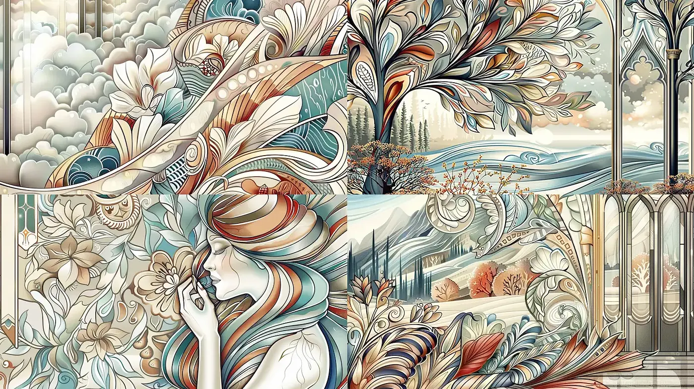 Whimsical Art Nouveau with Nature-Inspired Patterns and Soft Tones - Midjourney sref style