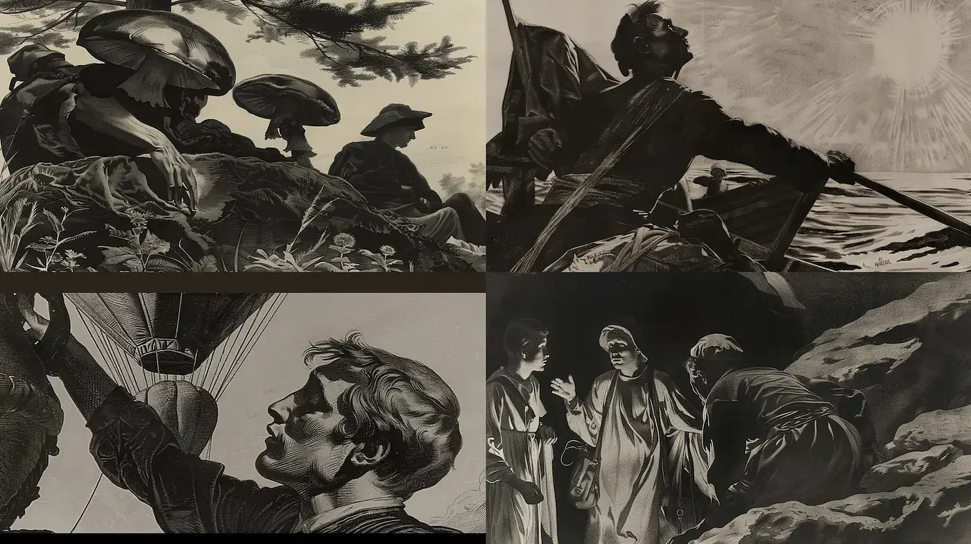 Elegant monochromatic scenes with dramatic contrasts and a nostalgic narrative - Midjourney sref style