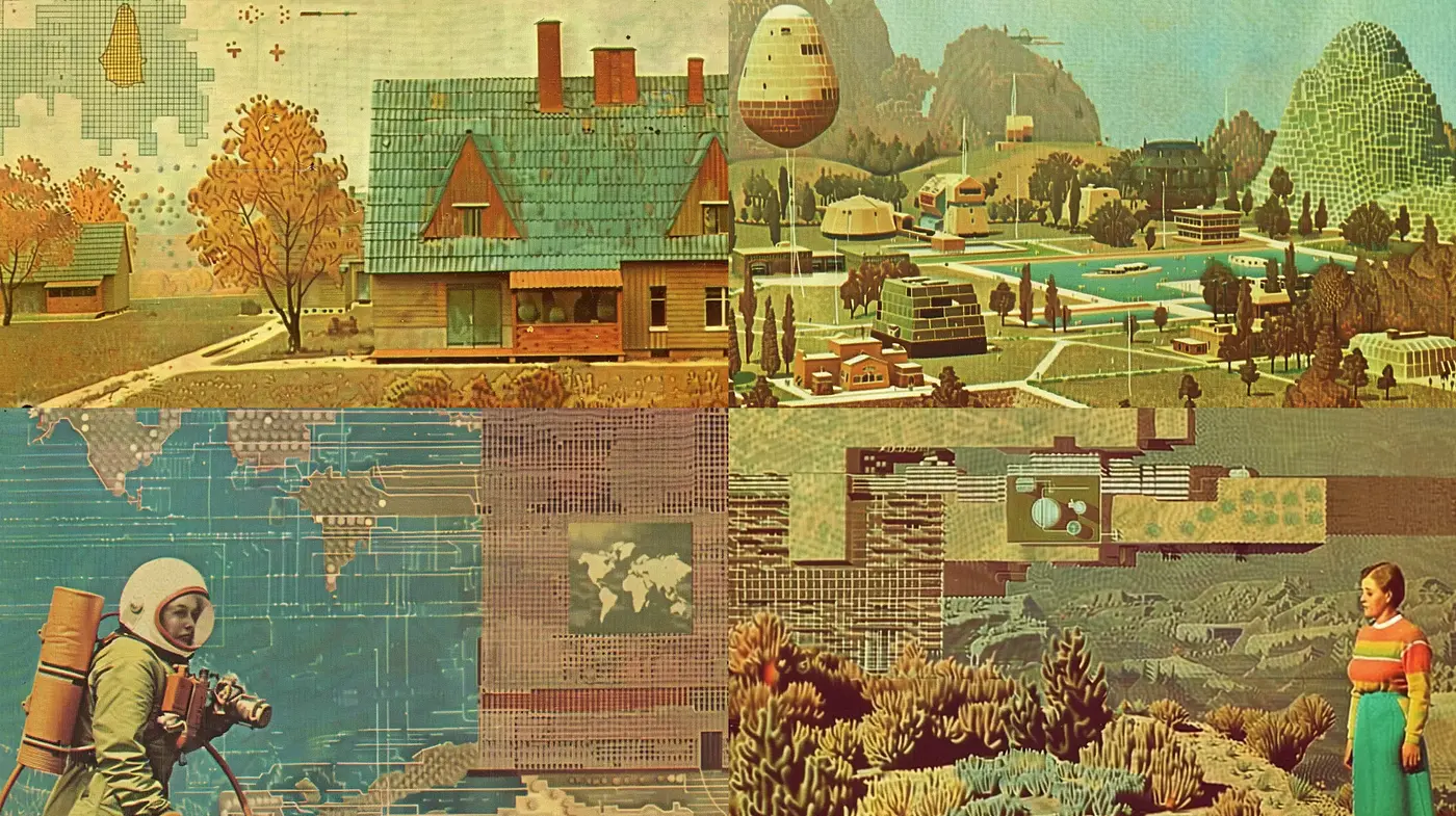 Retro-Futuristic Collage of Nostalgic Visions and Textured Dreams - Midjourney sref style