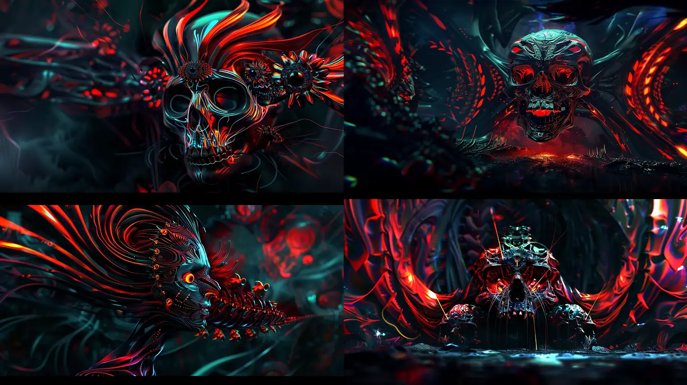 Surreal Phantasmagoric Dreamscape in Neon Crimson - Midjourney sref style