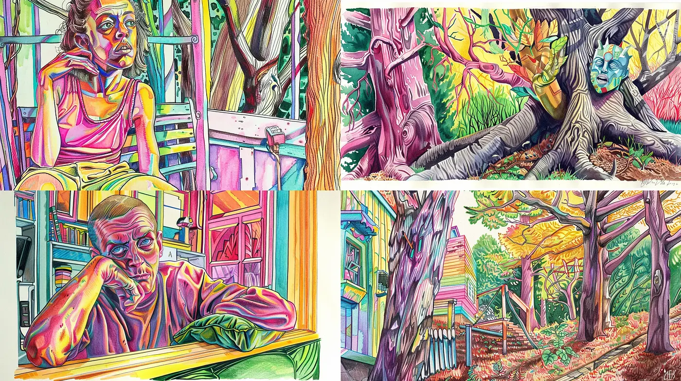 Surrealist Fusion of Vivid Color and Dreamlike Distortion - Midjourney sref style