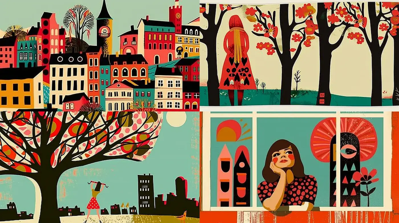 Whimsical and vibrant urban illustrations with a playful vintage essence - Midjourney sref style