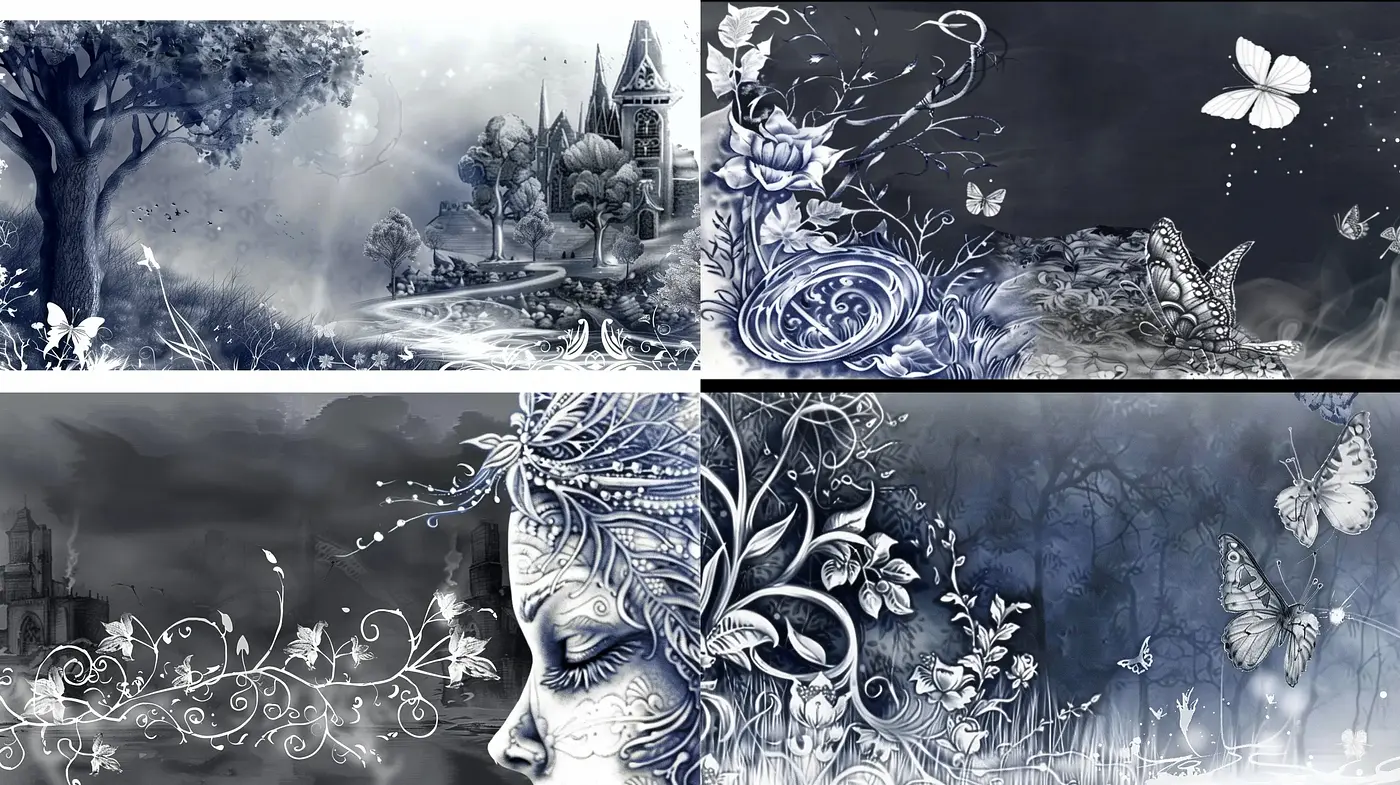 Ethereal Monochromatic Dreamscape: A Study in Blue and Silver - Midjourney sref style