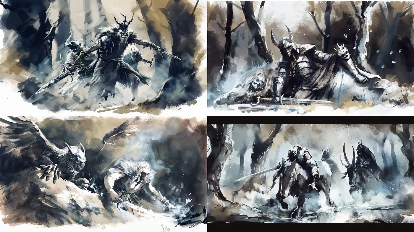 Ethereal Monochrome Vistas: A Study in Dynamic Brushstrokes and Sombre Tones - Midjourney sref style