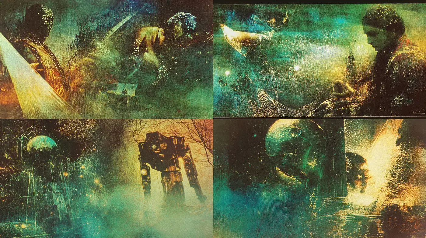 Ethereal Dreamscape Fusion with Turquoise and Sepia Undertones - Midjourney sref style