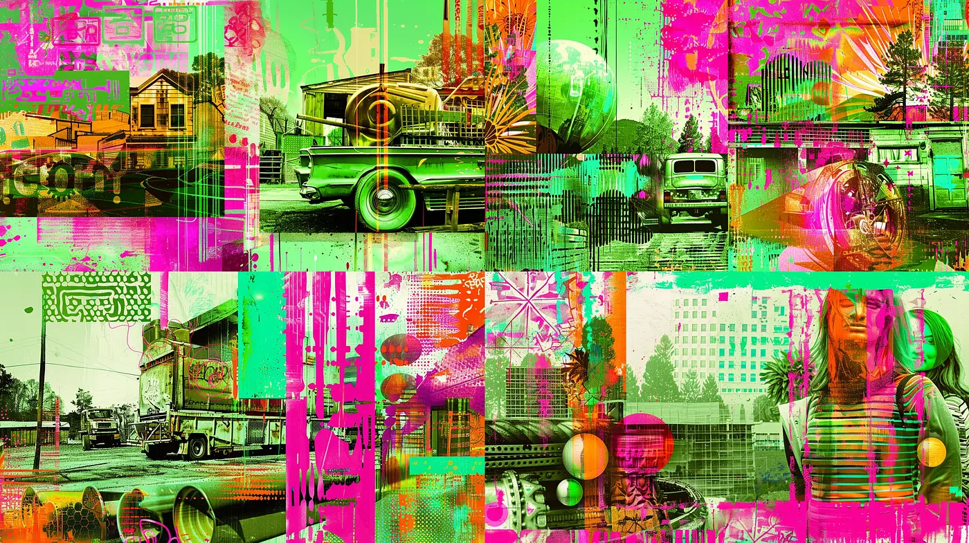 Psychedelic Cyberpunk Collage with Vibrant Contrasts - Midjourney sref style