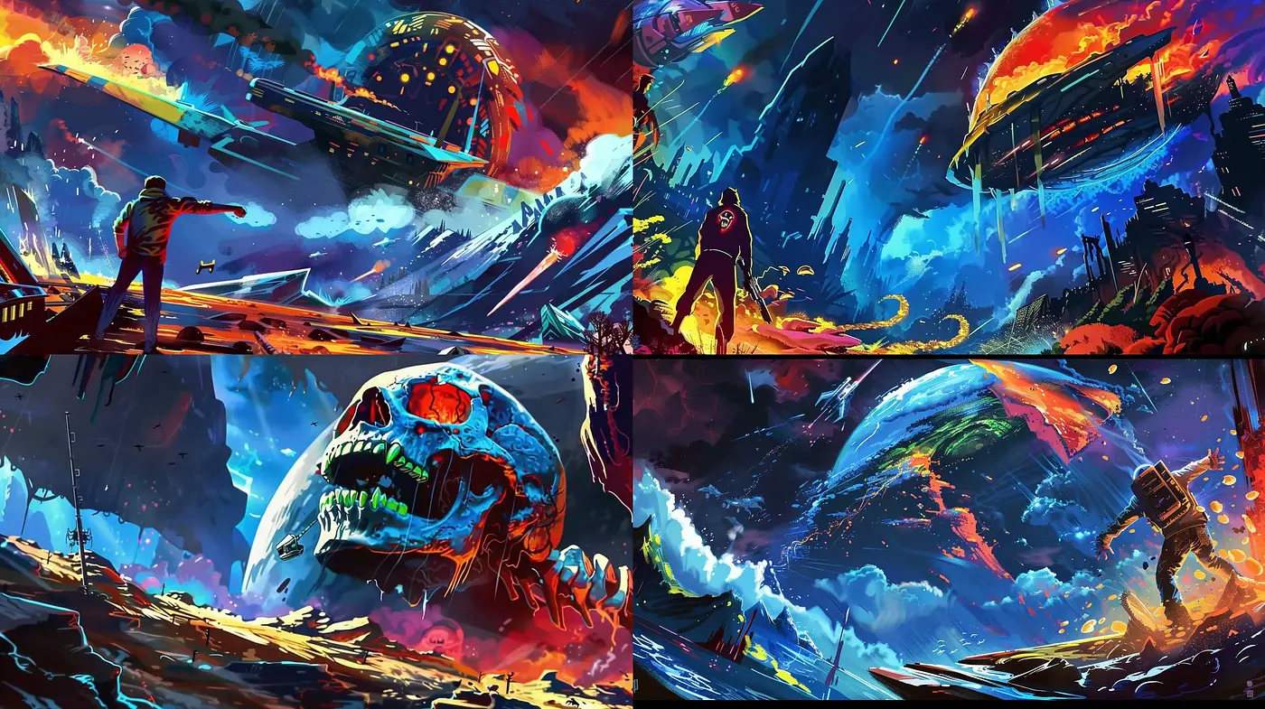 Surreal Sci-Fi Panorama: An Explosion of Cosmic Colors and Dramatic Compositions - Midjourney sref style