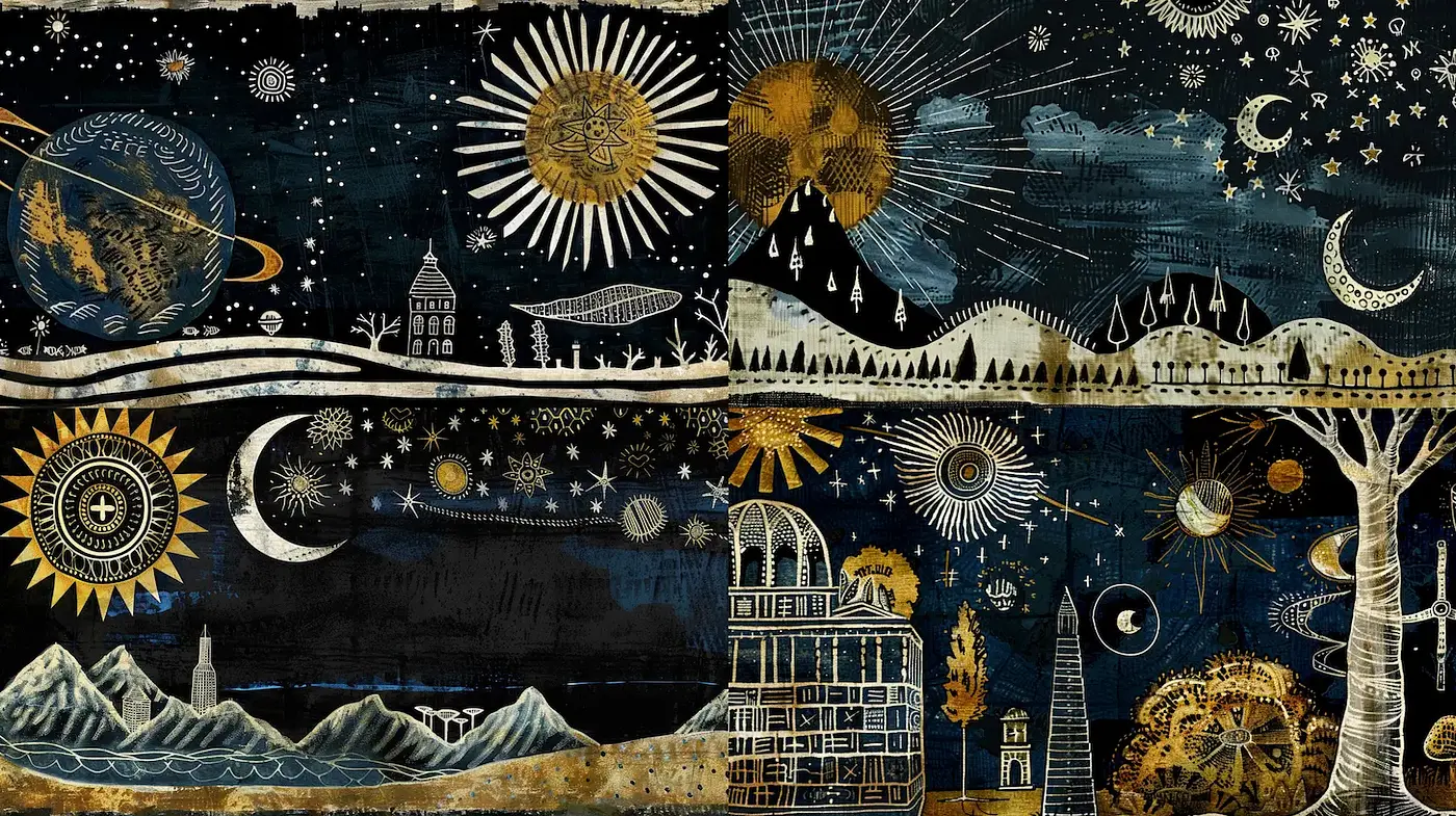 Surreal celestial collage with vintage textures and intricate details - Midjourney sref style