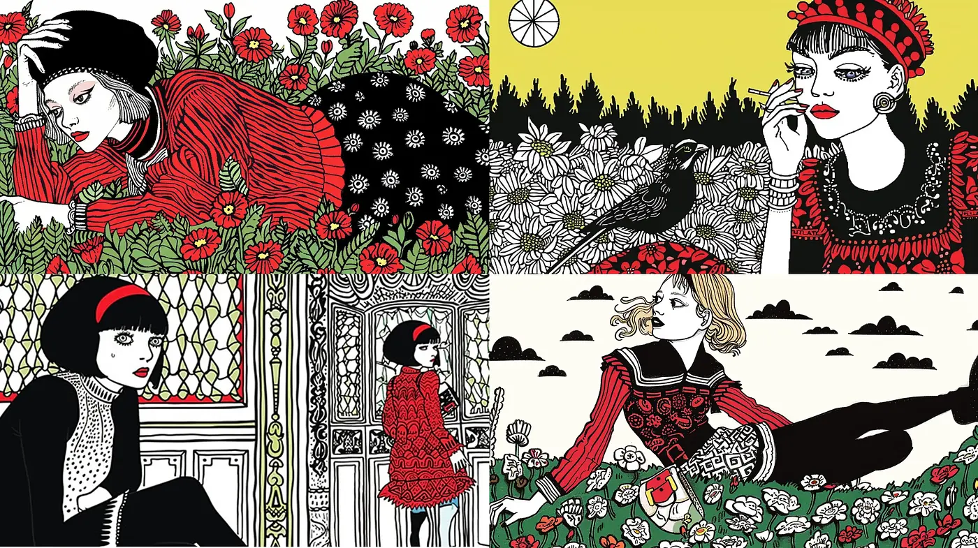 Contrastive Elegance in Monochromatic Floral Pop - Midjourney sref style