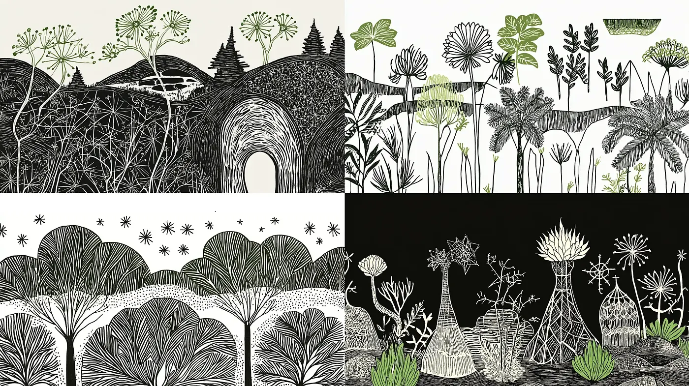 Monochromatic Botanical Illustration Style with Intricate Linework - Midjourney sref style