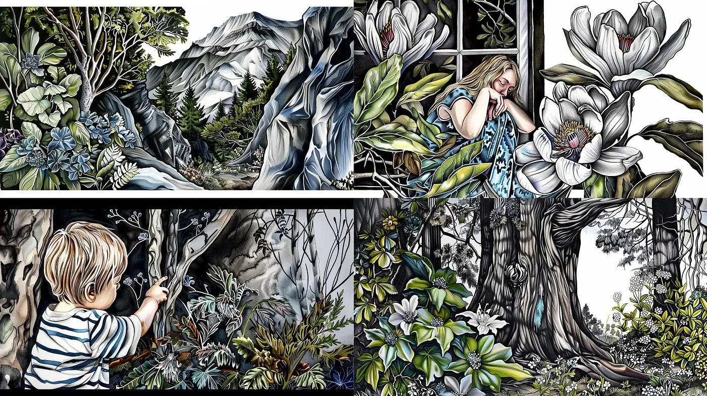 Consistently Textured Nature Series with Botanical Emphasis and Dreamlike Overtones - Midjourney sref style