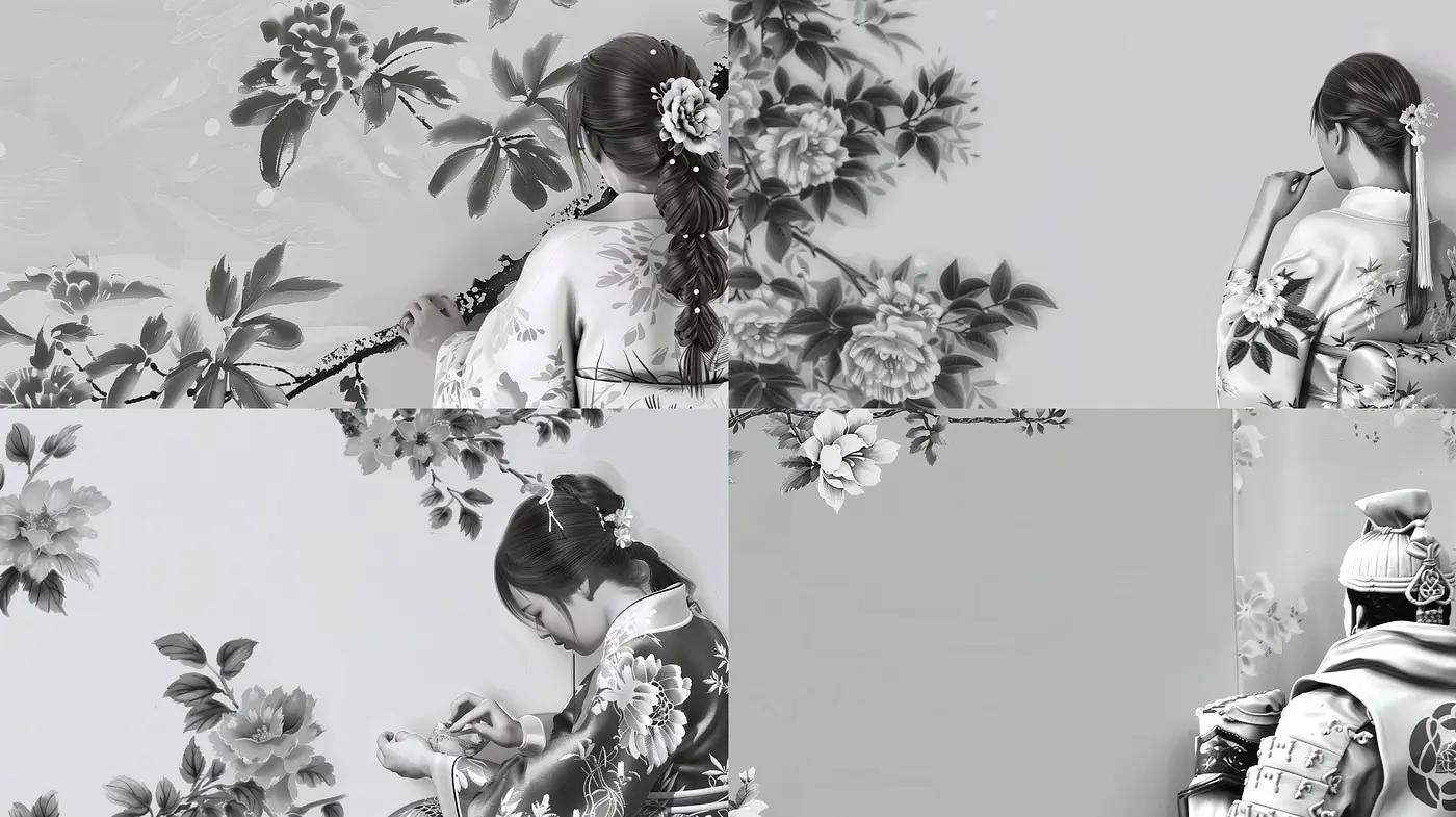 Monochromatic Elegance in Ethereal Botanicals and Traditional Attire - Midjourney sref style