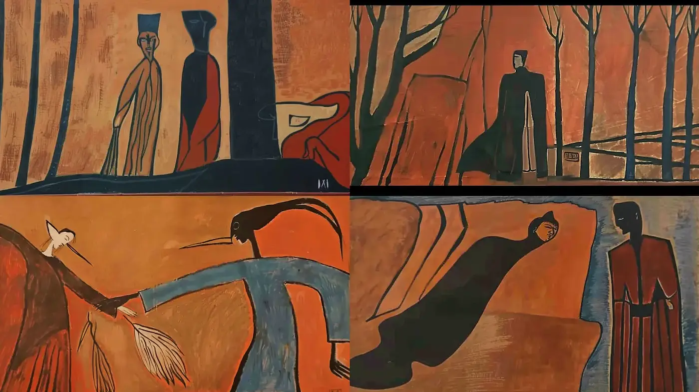 Abstract Expressionism with Figurative Elements Reflecting a Mythical Narrative - Midjourney sref style