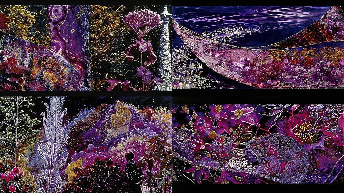 Ethereal Midnight Garden in Surreal Lavender Hues - Midjourney sref style