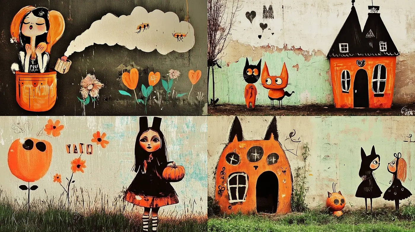 Whimsical, playful urban art with a folkish charm - Midjourney sref style