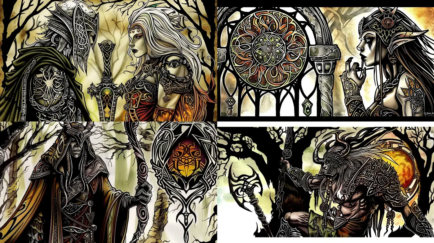 Enchanted Mythological Artistry: Fusion of Art Nouveau and Fantasy Elements - Midjourney sref style