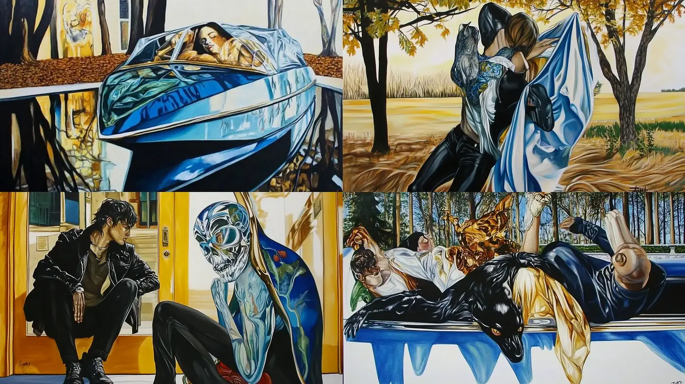 Dynamic and Expressive Visual Narrative with Surrealist Overtones and Vibrant Hues - Midjourney sref style