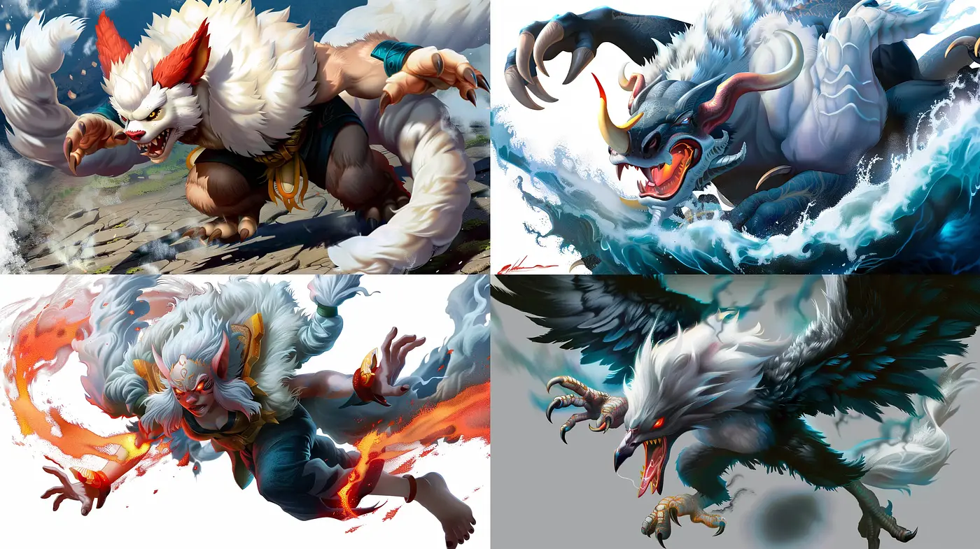 Ethereal Beast Synthesis: A Fusion of Majestic Creature Design and Dynamic Elemental Artistry - Midjourney sref style