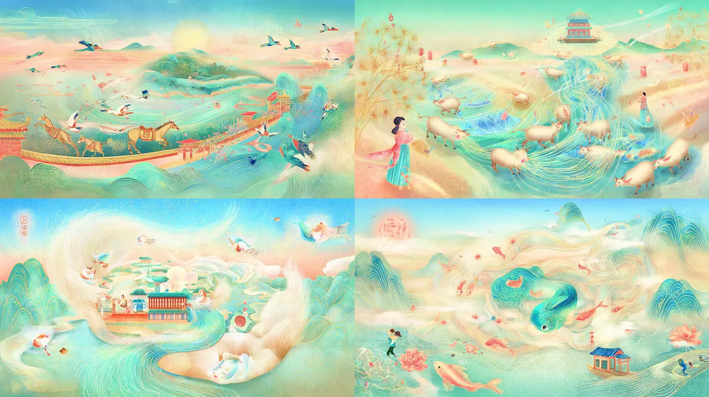 Dreamy Pastoral Landscapes with Ethereal Elements - Midjourney sref style