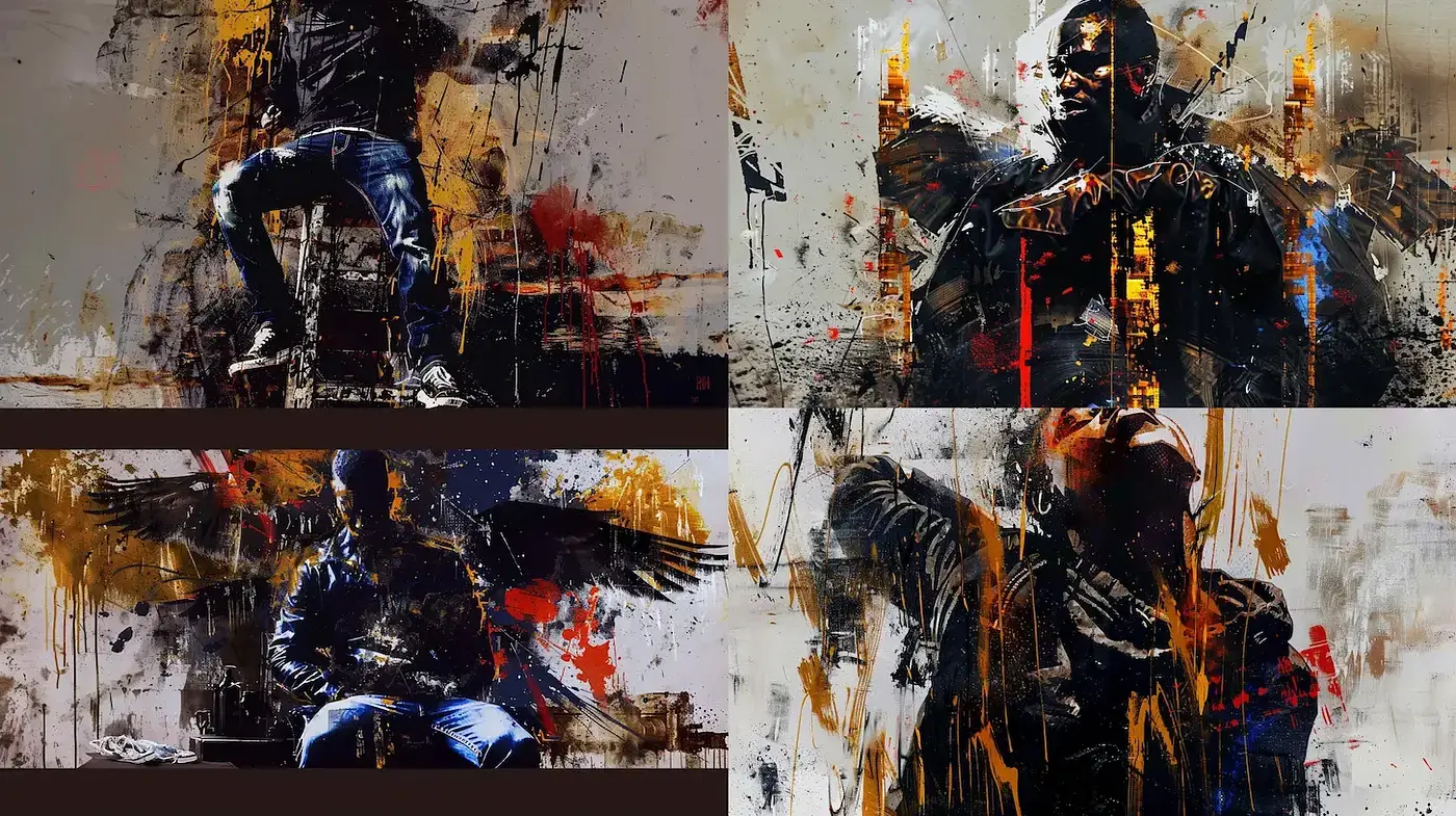 Dynamic expression with abstract urban influences and vivid textures - Midjourney sref style