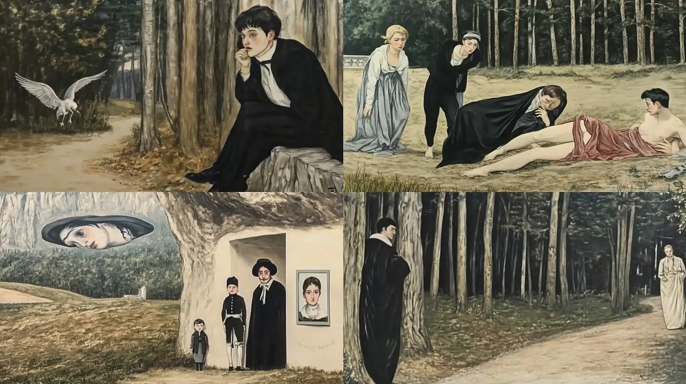Ethereal Melancholy: A Fusion of Pastoral Imagery and Surrealist Overtones - Midjourney sref style