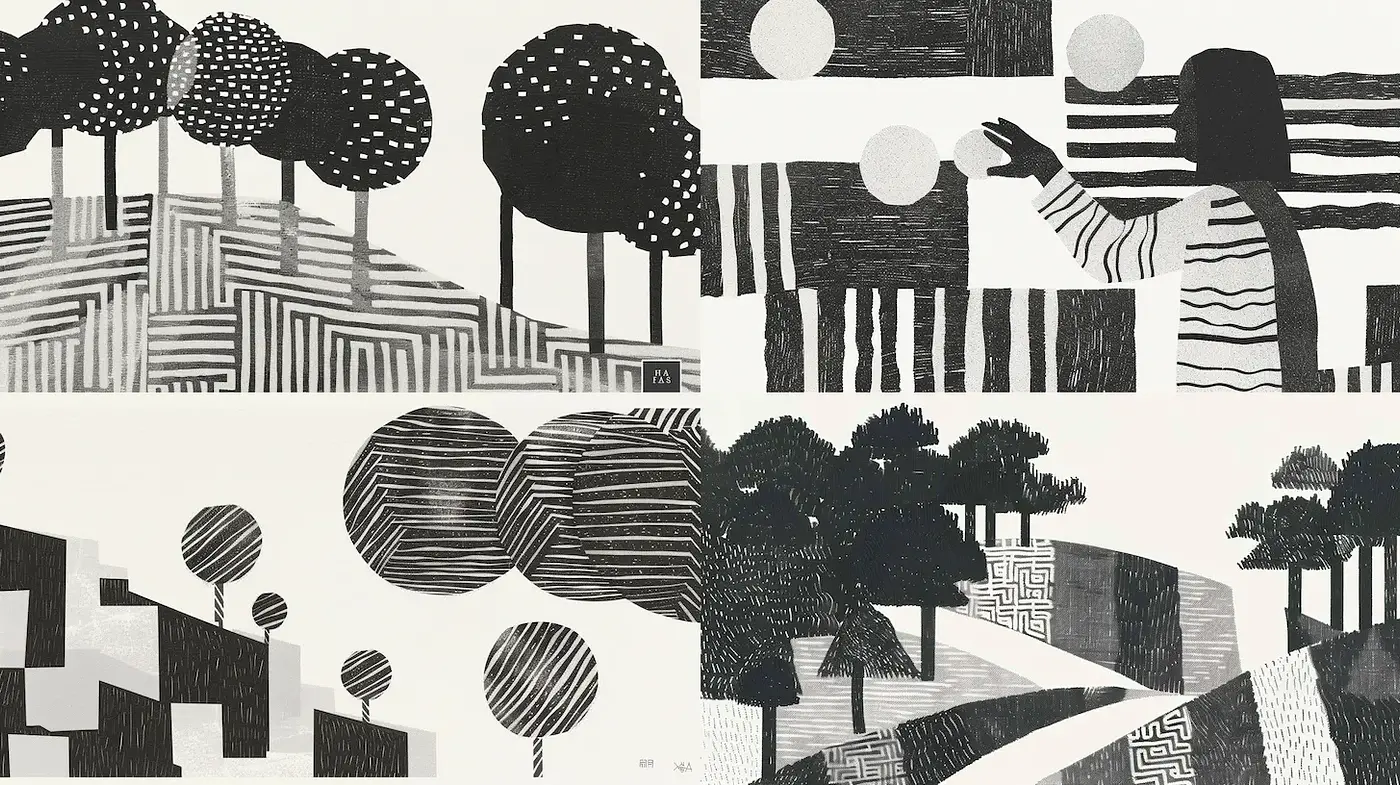 Cohesive Black and White Abstract Landscape with Distinctive Textures - Midjourney sref style