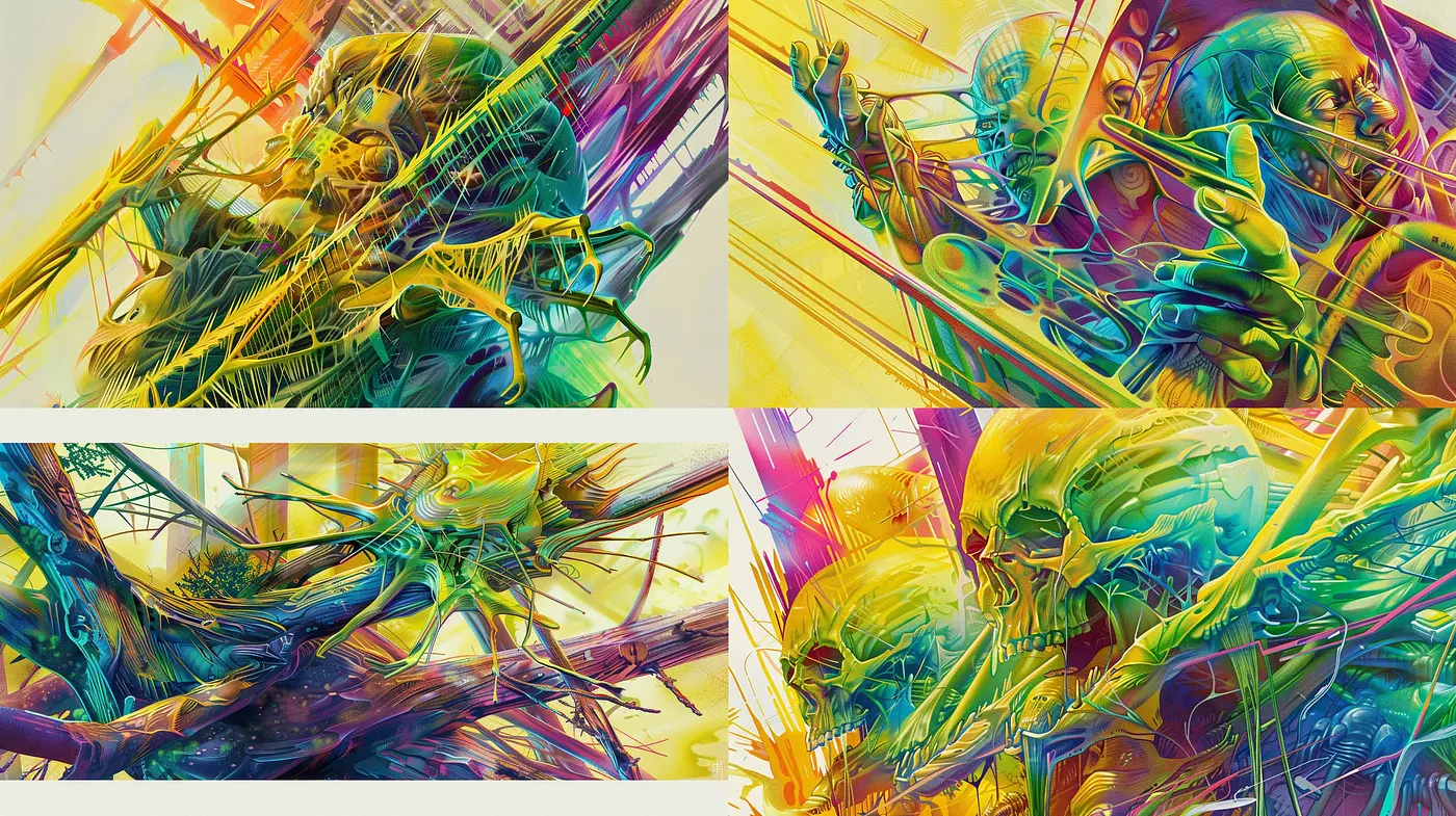 Psychedelic Chromatic Fusion: A Vivid Dance of Color and Abstract Forms - Midjourney sref style