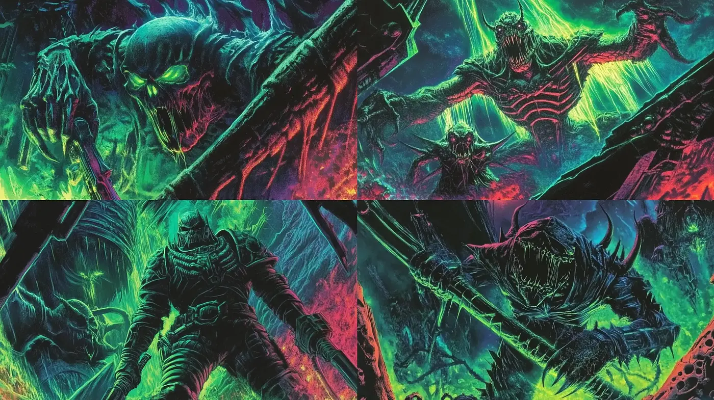 Neon Nightmares: A Fusion of Vibrant Terror and Dark Fantasy in Illustrative Art - Midjourney sref style