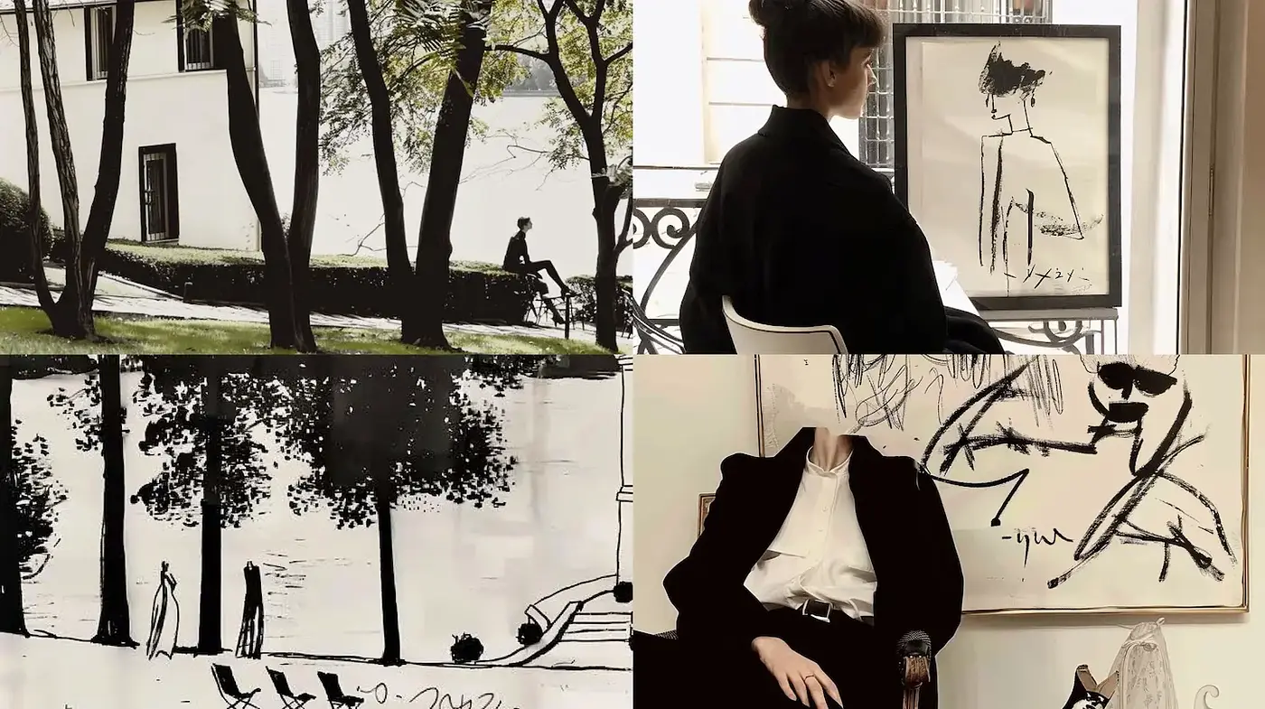 Elegant monochrome scenes evoking a blend of contemporary art and classic minimalism - Midjourney sref style