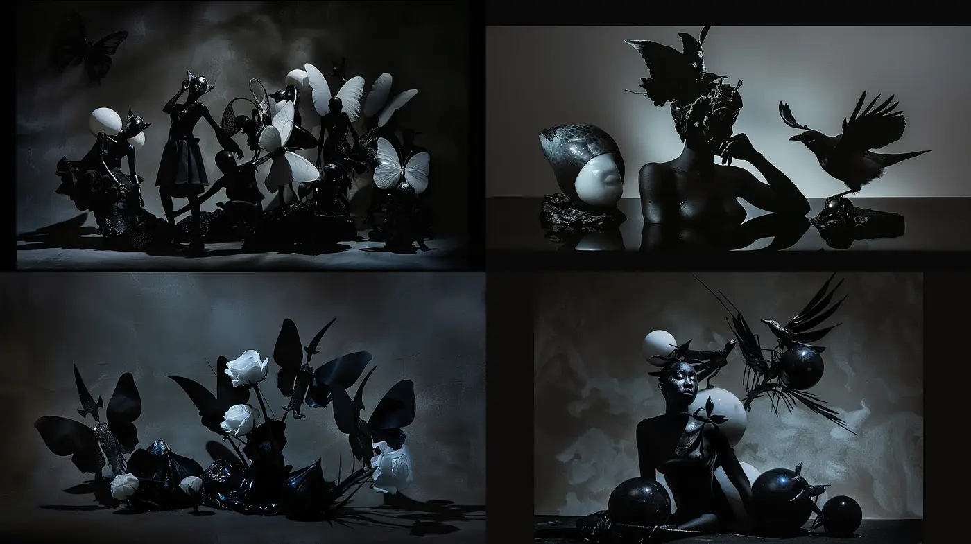 Nocturnal Elegance in Surreal Sculptural Tableaus - Midjourney sref style