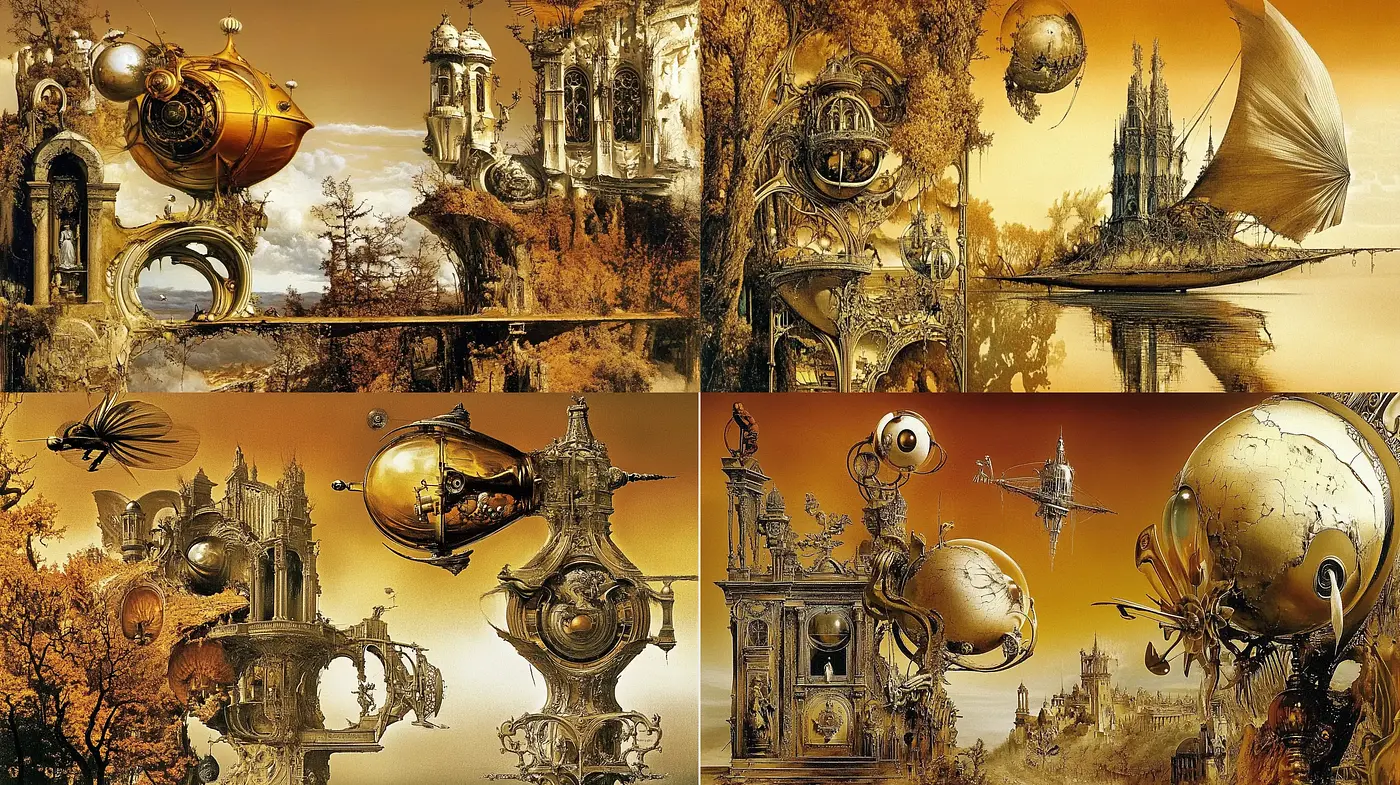 Surreal Metallic Visions of a Steampunk Utopia - Midjourney sref style