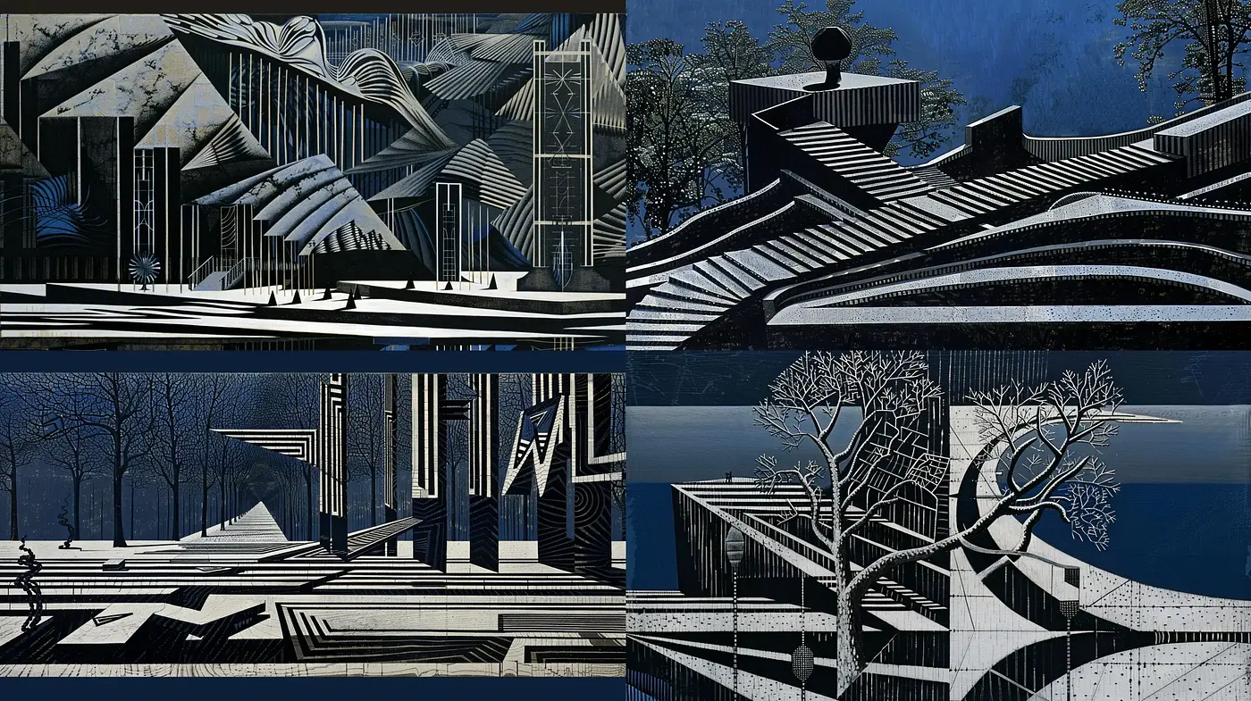 Monochromatic Architectural Dreamscape in Stylized Geometries - Midjourney sref style