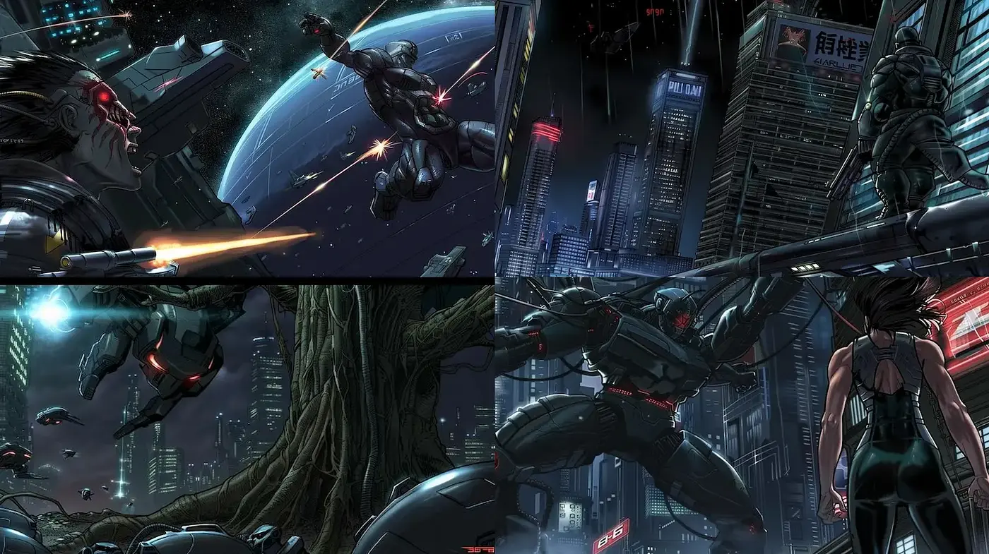 Futuristic Urban Fantasy with a Dynamic Comic Aesthetic - Midjourney sref style