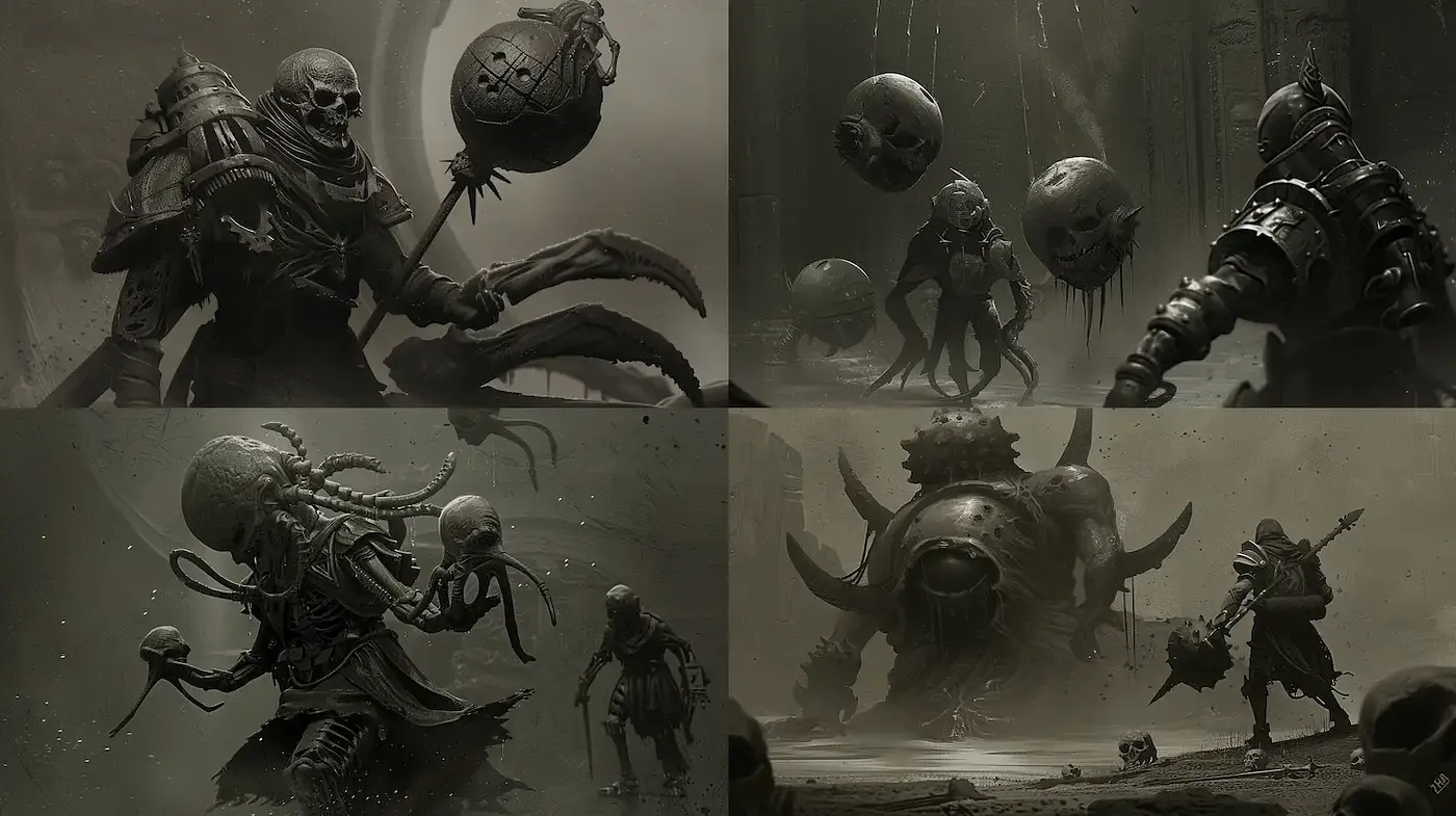 Dark, atmospheric world with skeletal figures and eerie motifs - Midjourney sref style