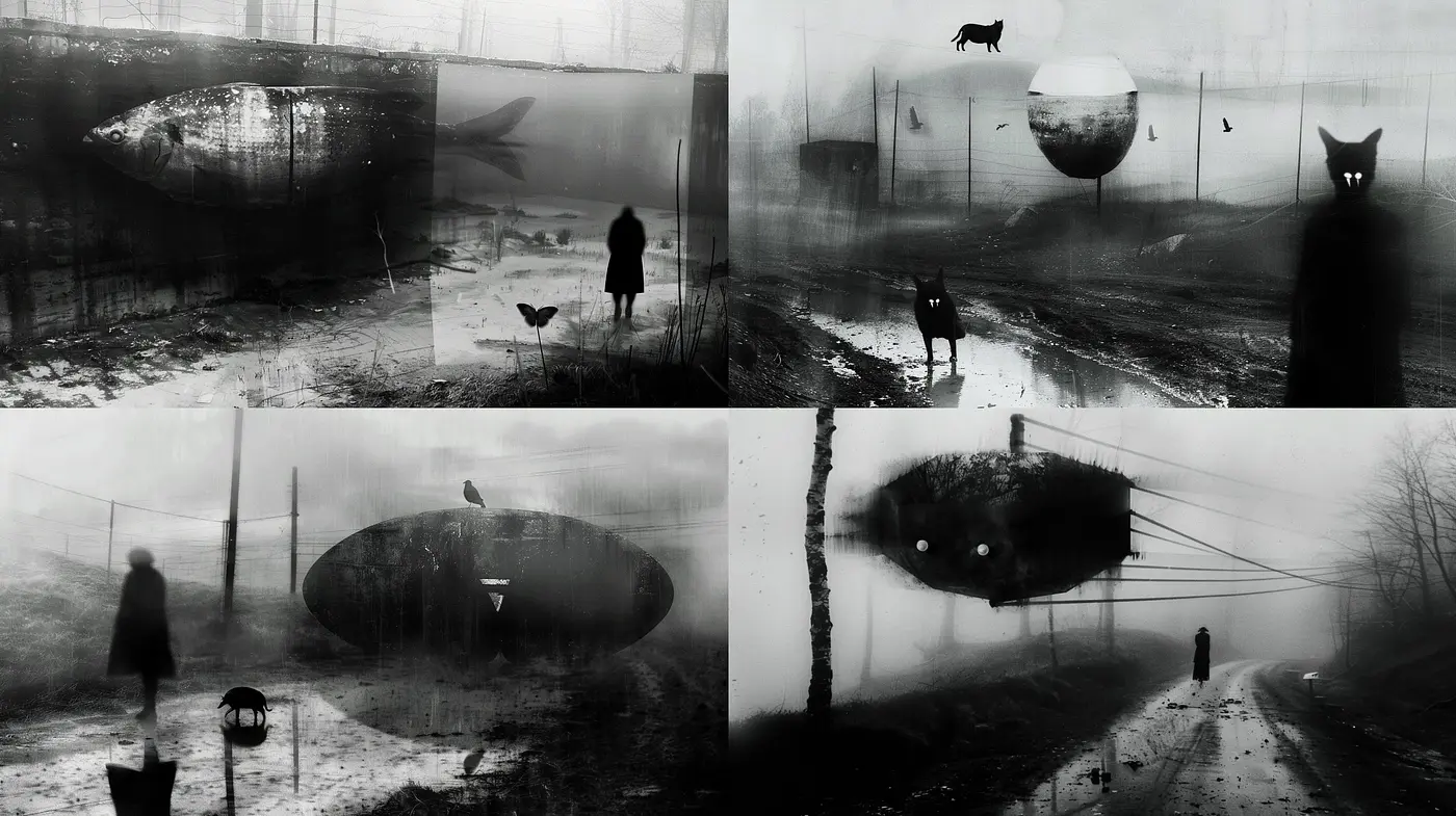 Monochromatic Dreamscape: The Essence of Surrealism and Shadowplay - Midjourney sref style