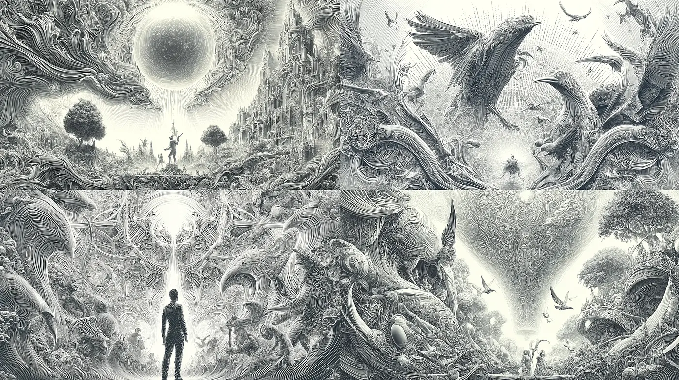 Surreal and Intricate Monochrome Landscape with Ethereal Elements - Midjourney sref style