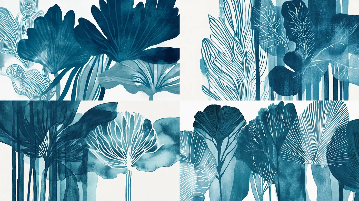 Ethereal Cyan Botanicals: A Symphony in Blue Textures and Fluidity - Midjourney sref style
