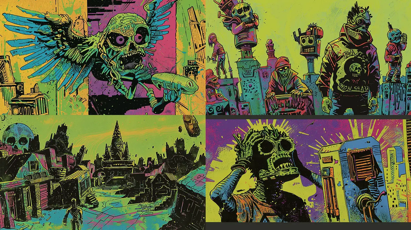 Electric Punk Dystopia: A Vivid Homage to Retrofuturistic Chaos - Midjourney sref style