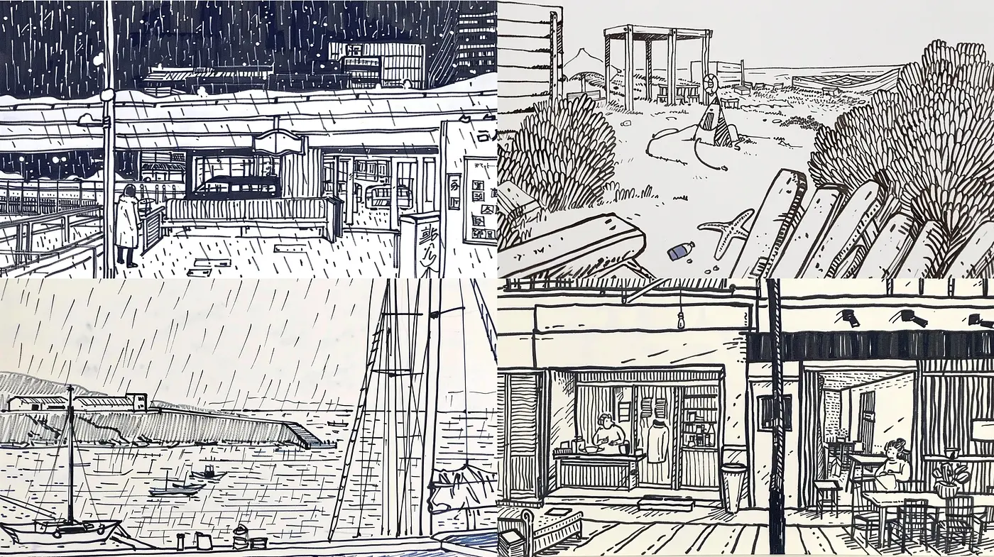 Monochromatic Ink Sketch Ambiance in Urban and Rural Landscapes - Midjourney sref style