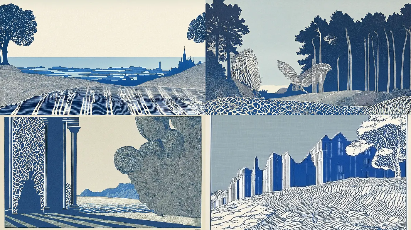 Stylized Blue Landscape Scenes with Intricate Patterns - Midjourney sref style