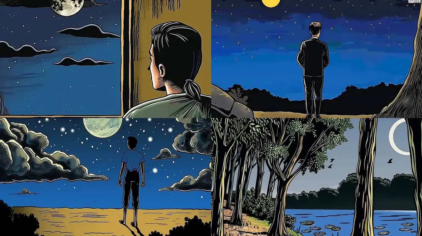 Cinematic Night Landscapes with a Comic Aesthetic - Midjourney sref style