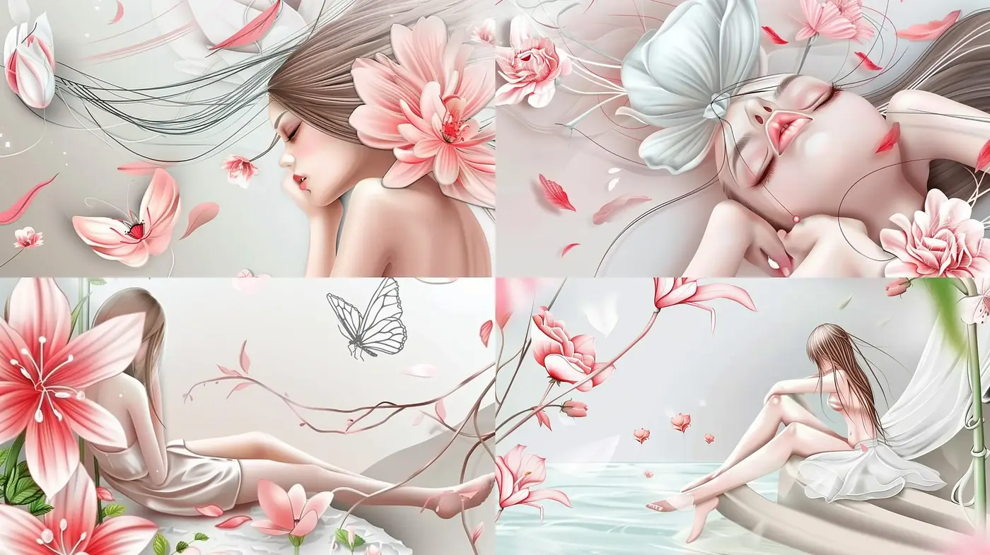 Ethereal Blossom Dreamscape: A Serene Fusion of Nature and Femininity - Midjourney sref style