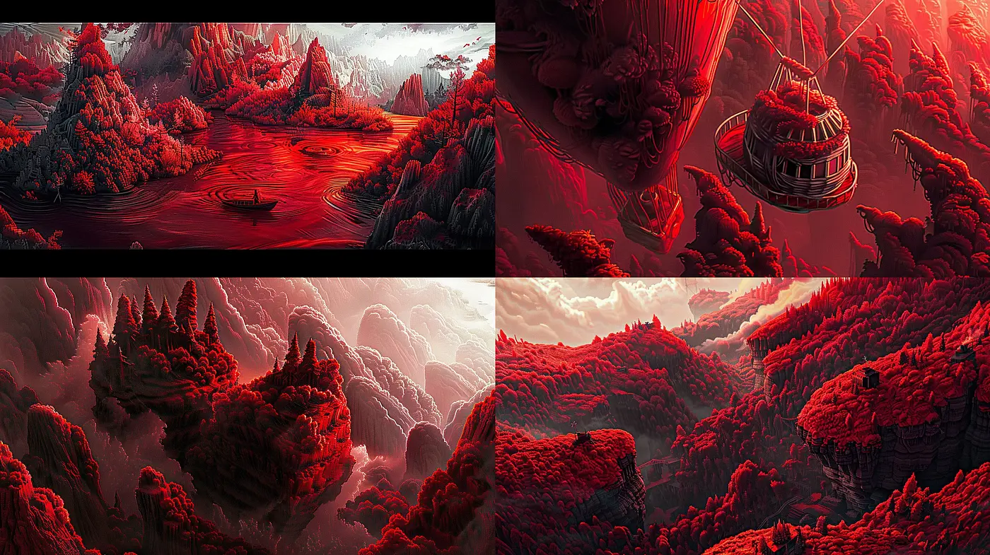 Crimson Dystopia: A Homogeneous Fusion of Retro-Futurism and Surreal Landscapes - Midjourney sref style