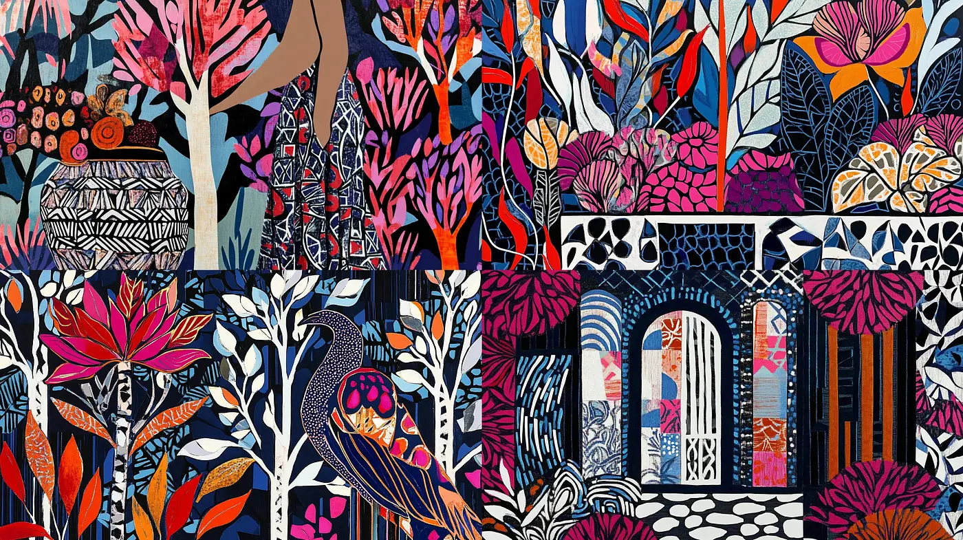 Enchanted Botanical Tapestry: A Fusion of Vivid Colors and Intricate Patterns - Midjourney sref style