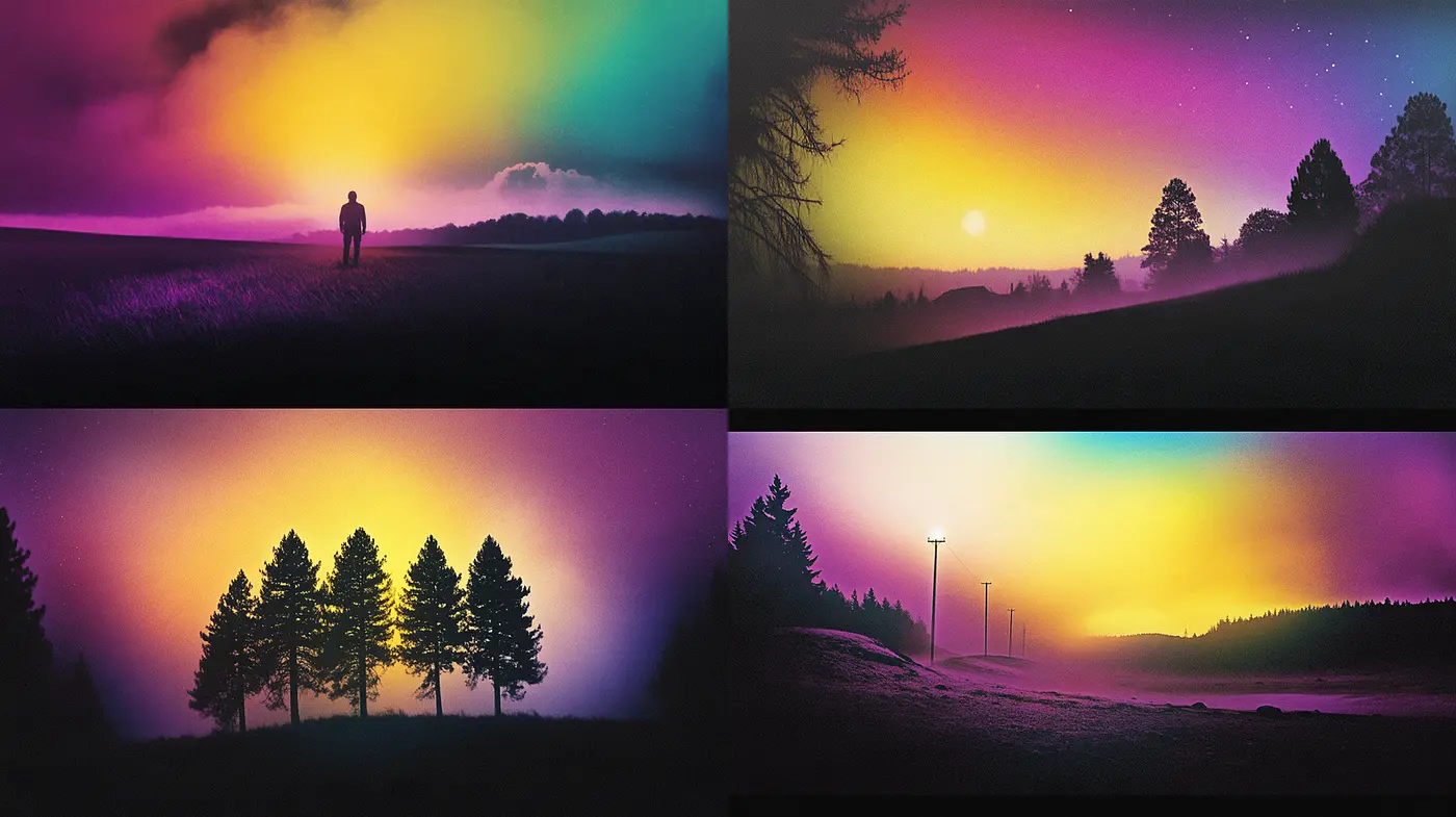 Ethereal Landscapes with Vibrant Aurora-like Colors and Dreamy Atmosphere - Midjourney sref style