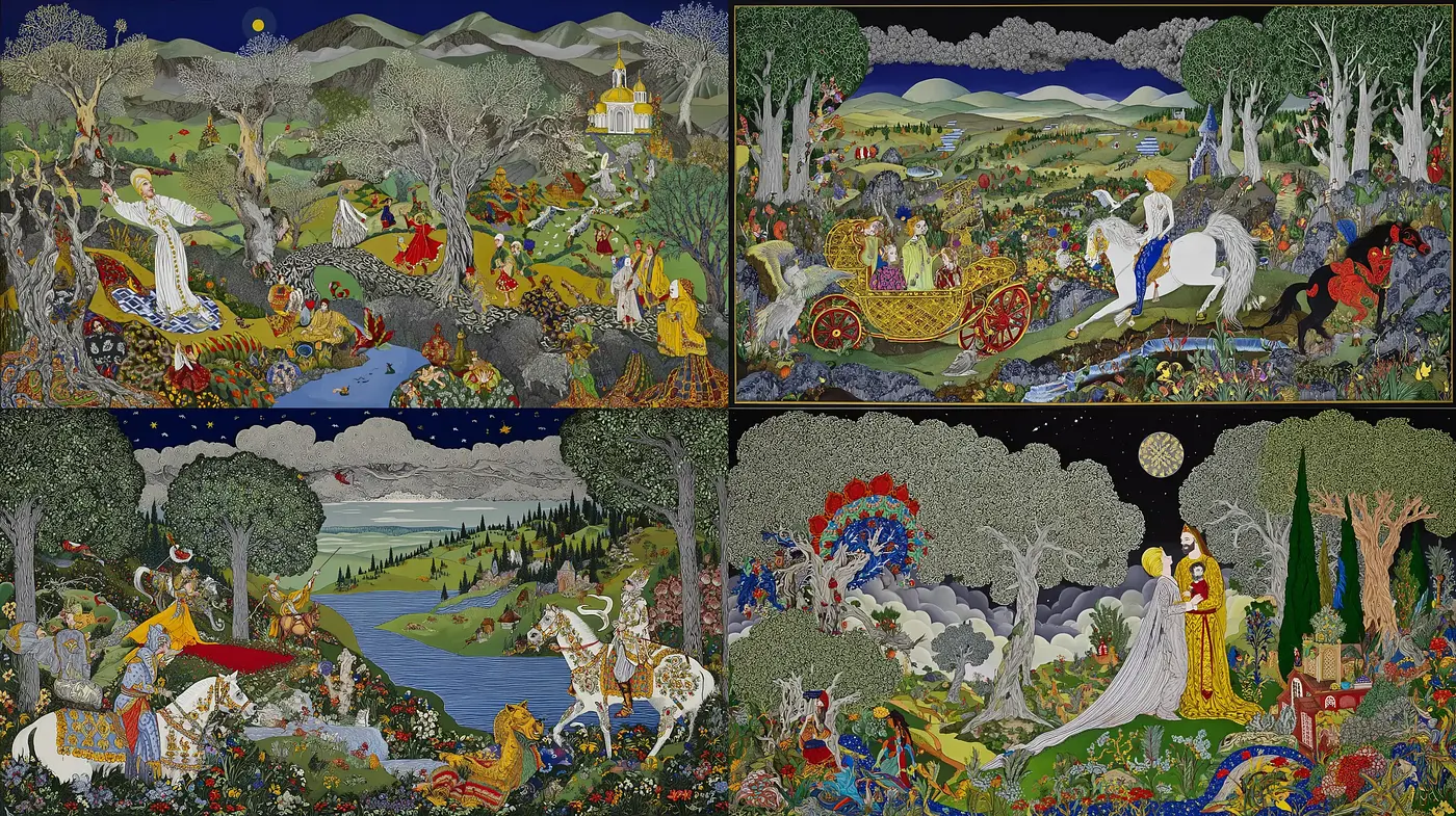 Intricate Whimsical Fantasy Landscapes with Rich Symbolism - Midjourney sref style