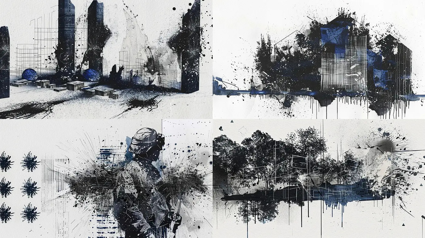 Monochromatic Splatter and Streaks Artistic Fusion - Midjourney sref style