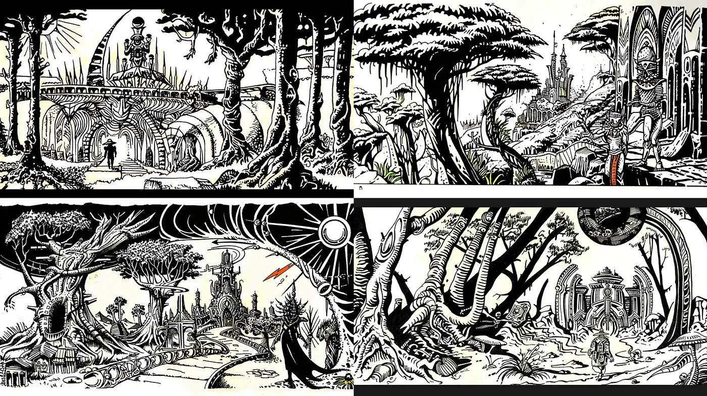 Intricate Inkwork Fantasy Landscapes with Monochromatic Surrealist Overtones - Midjourney sref style